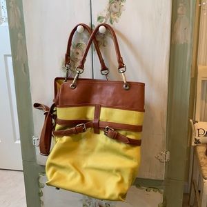 Worth leather handbag , greenish yellow with saddle brown leather straps